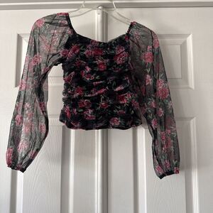 Girls Pleated Top Size Medium Fairy Grunge Mesh Boho Flowers Ballet Core Black